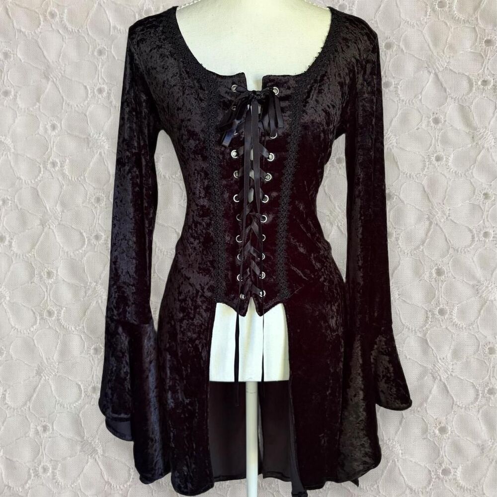 Vintage 90s Lip Service Black Velvet Corset Long Sleeve Top Made in USA